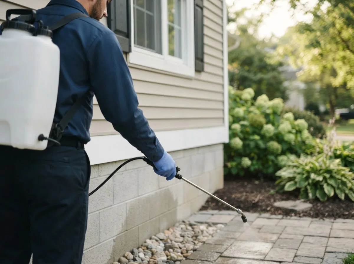 Pest control technician inspecting a home in Harrison, OH